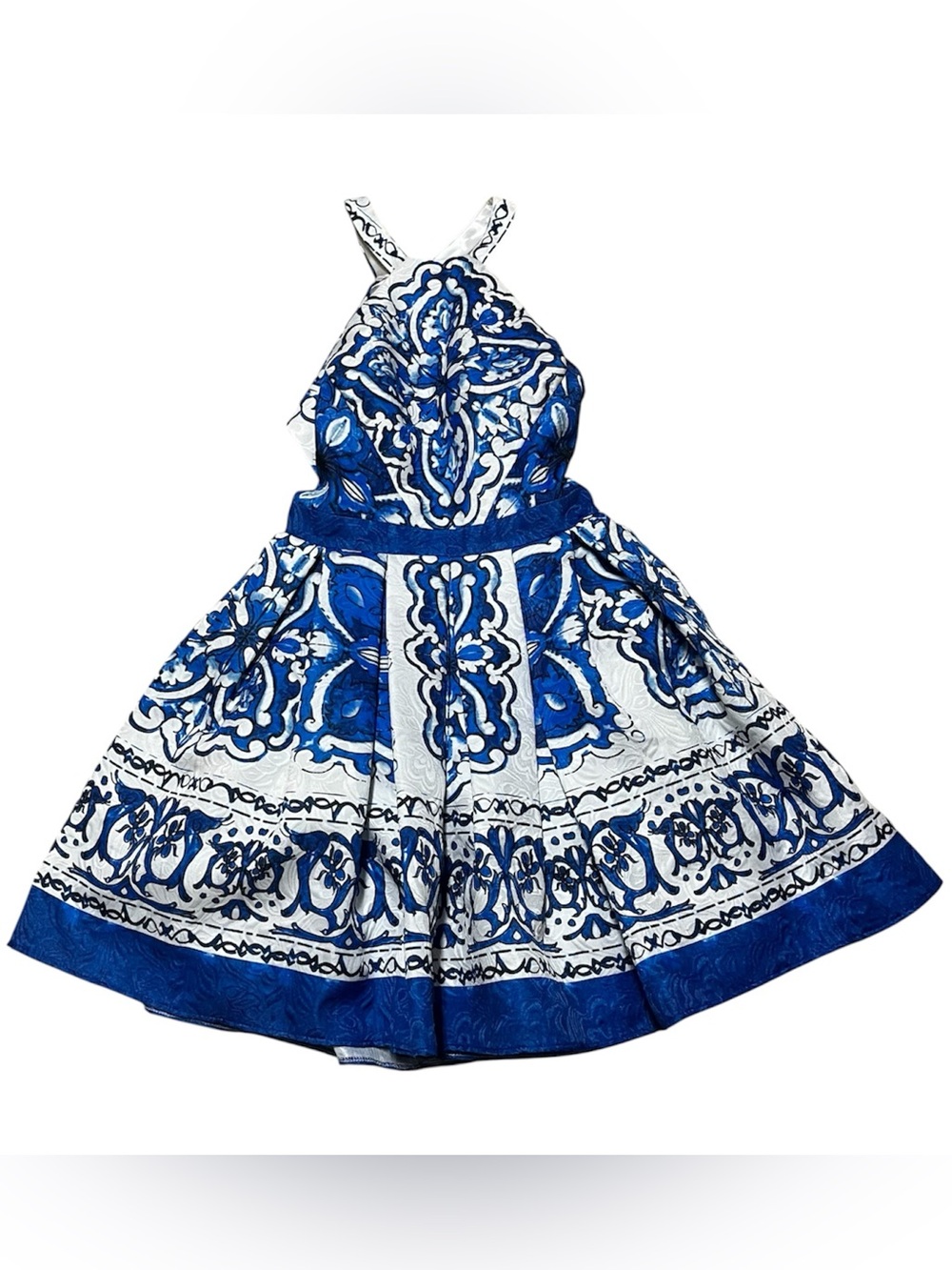 Camille La Vie Blue White Majolica Tile Print Open Back Mini Dress Size 2